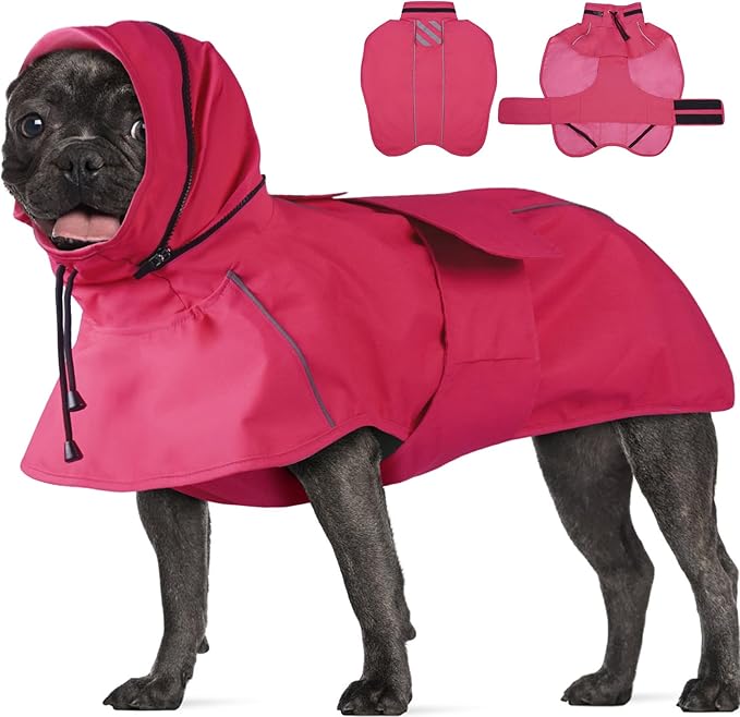 Dog Raincoat, Waterproof Dog Rain Jacket with Convertible Hood/Collar, Adjustable Belly-Protect Rain Coat for Meidum Dogs Poncho Reflective (Neon Pink, M)