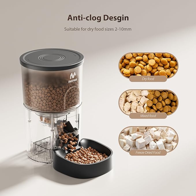 IMIPAW Automatic Cat Feeders, 3L Timed Cat Dry Food Dispenser, Dual Power Supply, Programmable Portion Size, 1-6 Meals Per Day, Auto Pet Feeder for Cats and Small Dogs, with Desiccant Bags