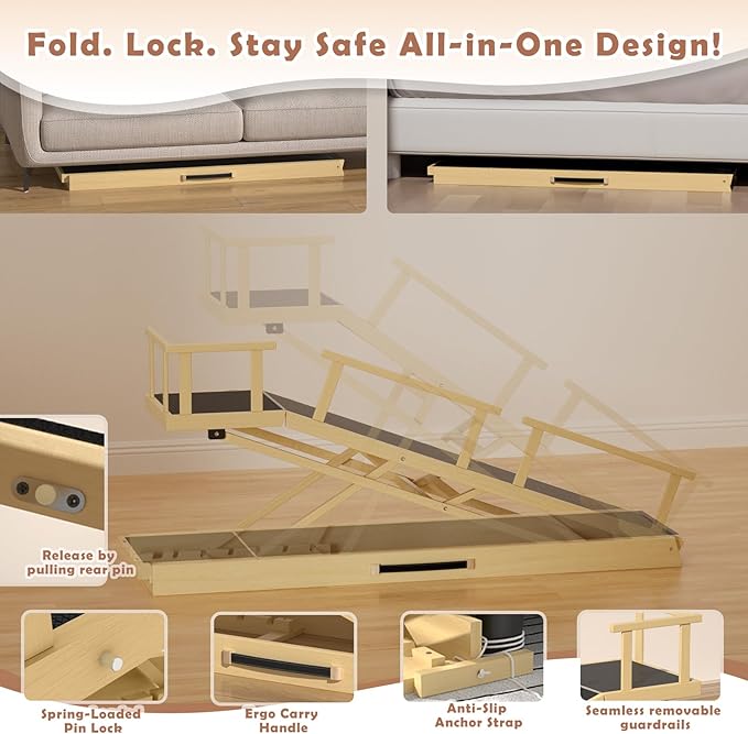 65" Foldable Dog Ramp for Bed, 6 Level（13"-32"） Heavy Duty Adjustable Dog Ramp for Car Pet Ramp with EVA Non-Slip Surface, Rest Platform & Glow Strips for Large Dogs up to 200Lbs (Wood Color)