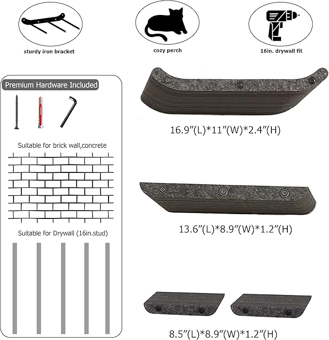 Wall Mounted Cat Shelves and Perches,Scratcher Cat Beds & Furniture for Indoor Cats, Soft PET Felt Feline Climbing Wall Set, Modern Jungle Gym System for Lounging and Sleeping(Set of 4-Grey)