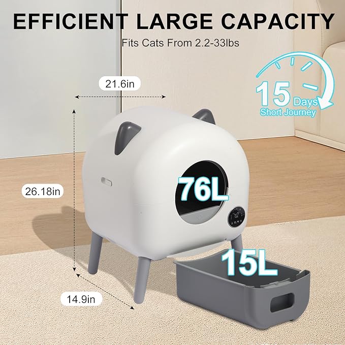 Automatic Self Cleaning Cat Litter Box, Self Cleaning Litter Box, 76L Extra Capacity with 15L Waste Drawer, APP Control & 3-Layer Safety Protection, Ultra-Quiet Safety Design for All Cats