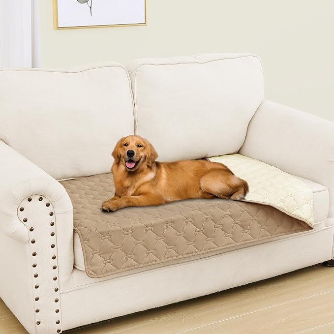 Smiry Waterproof Dog Bed Cover Blanket, Soft Reversible Pet Blanket, Washable Leakproof Cats Dogs Couch Cover for Sofa, Couch, Furniture, Plaid (30x53 Inch, Camel/Beige)