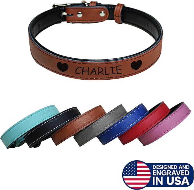 Custom Name Dog Collar – Personalized Engraved Vegan Leather with Name & Phone, Adjustable Soft Padded Pet Collar with Stainless Steel Buckle (Sizes S-XL)
