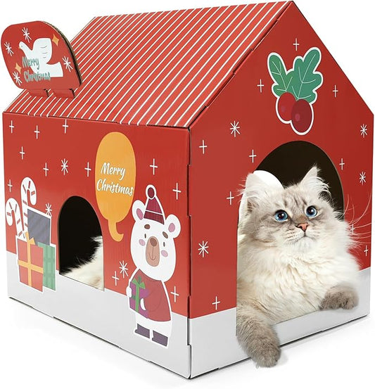 Christmas Cardboard Cat House with Scratching Pad (15"x12"x15") Cat Play House for Indoor Cats, Christmas Decorations Scratching Pad for Kitty