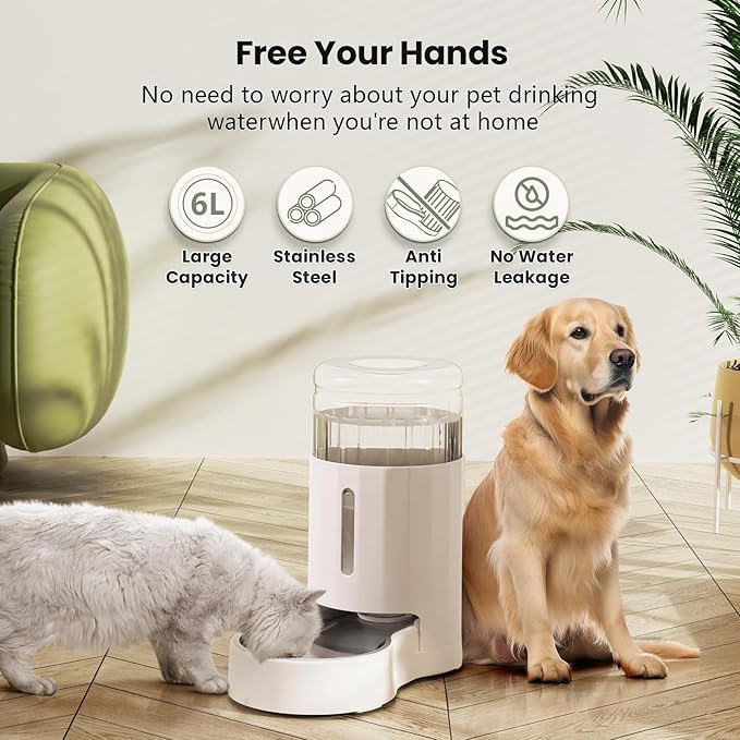 CZPET Automatic 6L Dog and Cat Water Dispenser with Stainless Steel Bowl Gravity Waterer,100% BPA-Free,Large Capacity and Drinking Area Noise-Free for Pets(6L Water Dispenser, White)