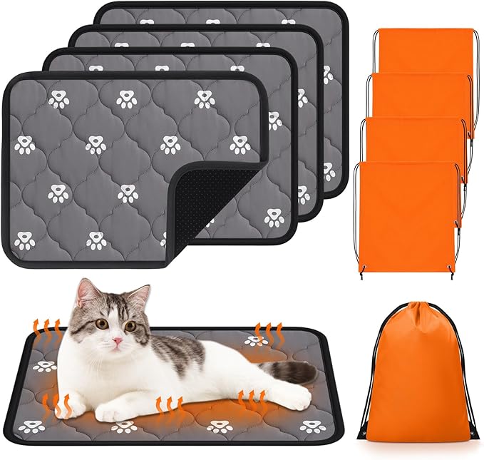 Riakrum 4 Pack Self Heating Cat Bed Pad Self Warming Pet Dog Mat Non Slip Washable Cat Kennel Crate Pad with Storage Bag for Indoor Outdoor Small Medium Dog Kitten(M, 20 x 28 Inches)