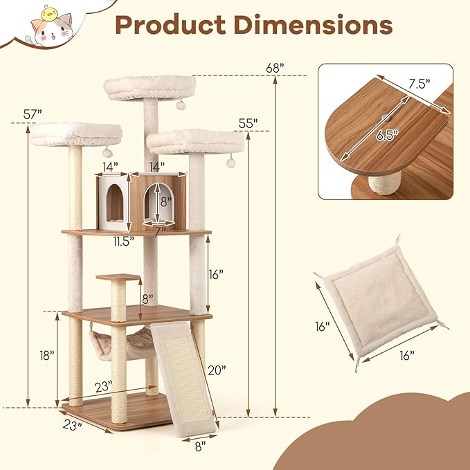 Tangkula Tall Cat Tree, 68 Inch Modern Wood Cat Tower with Sisal Scratching Posts, 3 Padded Perches, Condo, 2-in-1 Ladder, Dangling Balls, Washable Cushions for Indoor Cats Large Adult (Natural)