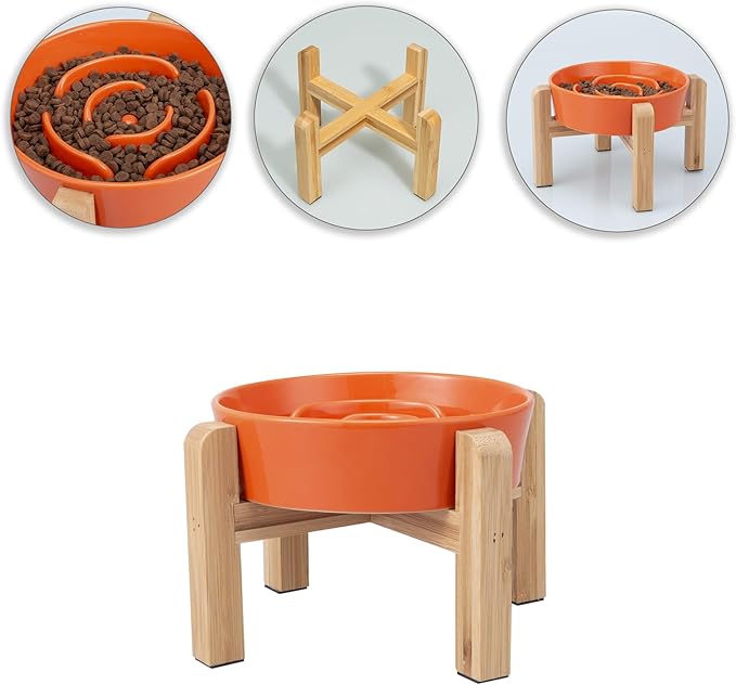 Elevated Slow Feeder Dog Bowl - Ceramic Maze Food Dish with Bamboo Stand - Raised Feeding Bowl for Fast Eaters - Ideal for Small and Medium Dogs - Orange - 6.7 inch