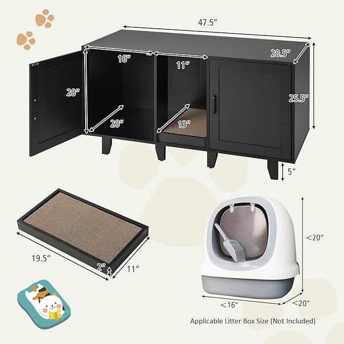 Tangkula Double Cat Litter Box Enclosure for 2 Cats, Large Stackable Hidden Privacy Cat Washroom Cabinet with Scratching Board, Indoor Cat House TV Stand Side Table, Litter Box Furniture (Black)