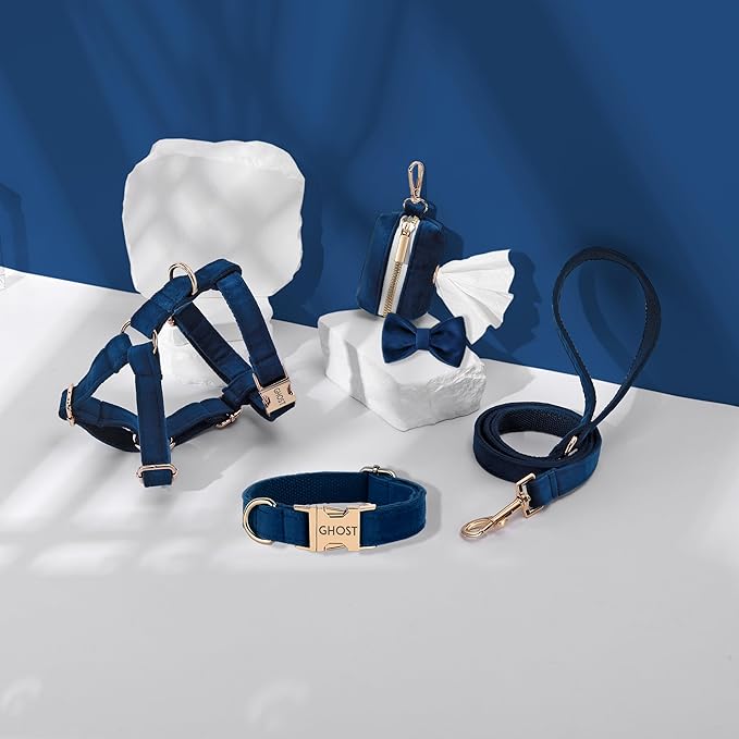 Velvet Harness Set, Gift for Pet Owners, Custom Dog Collar Personalized Name and Phone Number, Custom Collar and Leash for Dogs, Engraved Metal Buckle Collar (X-Large)