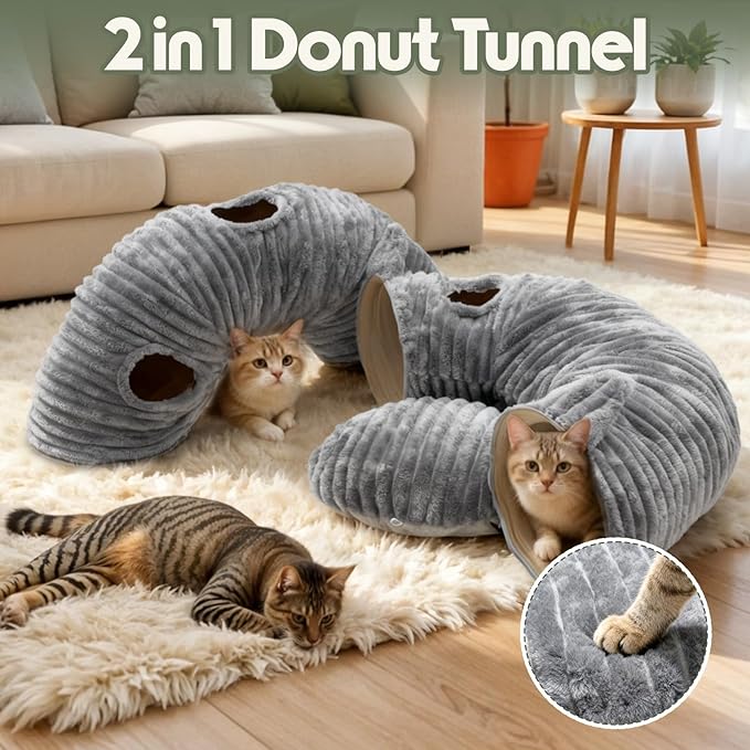OurWarm Cat Tunnels for Indoor Cats - Round Cat Tunnel Bed with Removable and Washable Circle Cushion, Donut Cats Play Tunnel, Kitten Toys with Ear Sounds for Kitten/Puppy/Rabbit, Grey