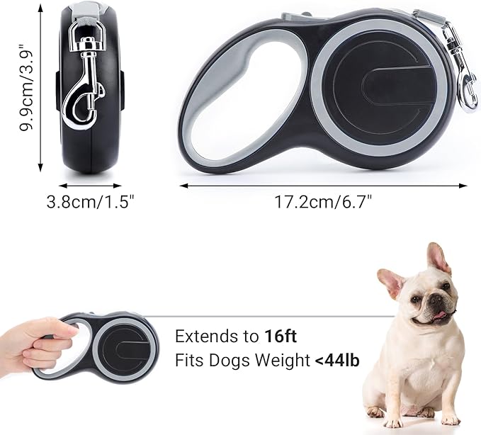 Segarty Retractable Dog Leash, 16ft Heavy Duty Walking Dog Leash for Medium Small Dogs up to 44lb, Anti-Slip Handle 360°Tangle-Free Nylon Tape, One-Handed One Button Lock and Release (Gray)