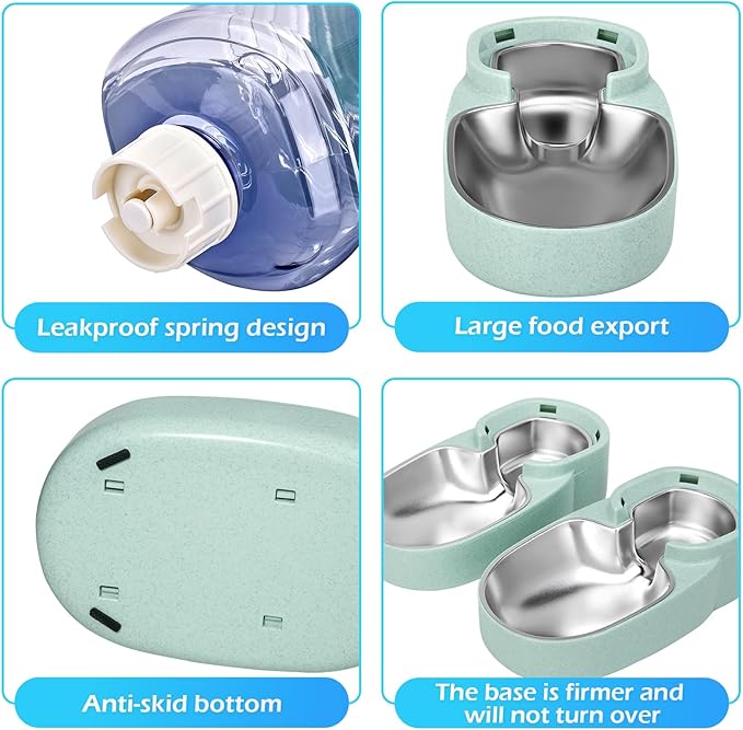 Automatic Cat Feeder and Water Dispenser with Stainless Steel Bowl Gravity Food Feeder and Waterer Set for Small Medium Dog Puppy Kitten 1 Gallon x 2(Green)