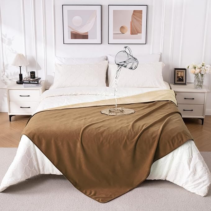 QiyI Waterproof Blanket for Bed Queen Size, Reversible Washable Pet-Friendly Flannel Throw Blanket, Leakproof Stain-Resistant Furniture Protector for Travel & Camping, 60"x80", Brown/Tan