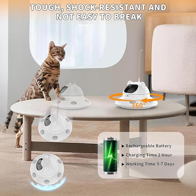 3-in-1 Cat Laser Toy & Interactive Automatic Motion-Activated Kitten Toy – 6 Holes Whack-A-Mole Feather & Moving Ambush Fun – USB Rechargeable, Apply To – Indoor Exercise for Cats of All Breeds