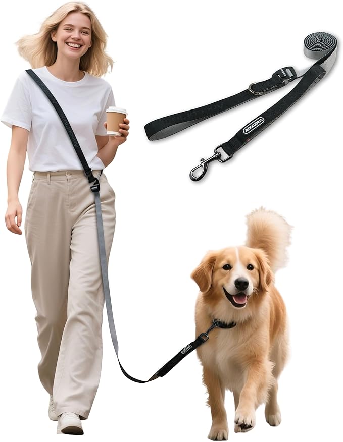 Hands Free Dog Leash, Multifunctional Crossbody Running for Dogs, Ultra-Light Dog Training Leash with Secure Clip, Short & Long Leashes, Adjustable Service Dog Leashes (Black Gray)