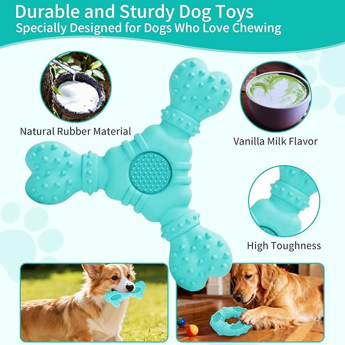 Dog Chew Toys for Aggressive Chewers, 4 Pack Natural Rubber Dog Toys,Teething Toys for Puppies, Soft Durable Interactive Chew Toy for Puppy Teeth Cleaning and Gum Massage(Blue)