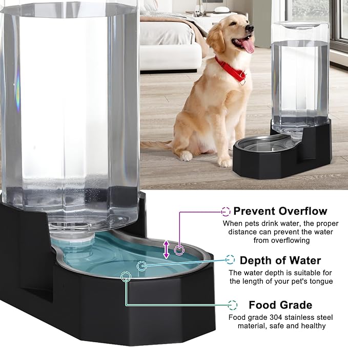 Sfozstra Large Dog Water Dispenser: 9L Automatic Black Water Feeder with Specialized Brush - Gravity Design for Multiple Pets in Garage Garden - Good for Spinal Health