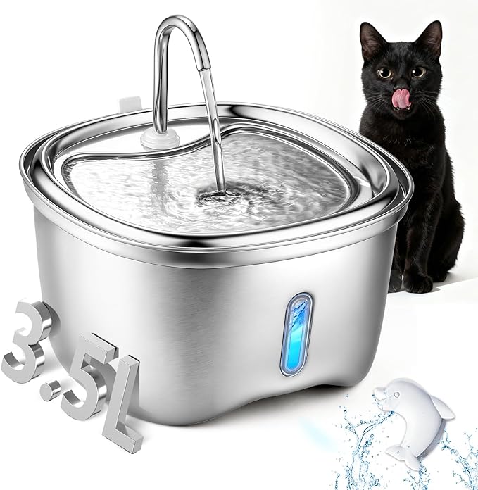 Cat Water Fountain Stainless Steel, 120oz/3.5l Water Fountains for Cats Indoor, Automatic Silent Pump, Easy Clean Water Bowl, with Replacement Filters, Unique Cat-Shaped Design