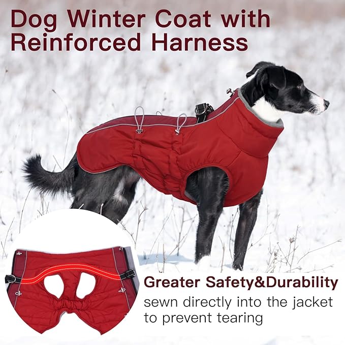 Dog Coat - XS, Warm Zip Up Snowsuit Dog Harness Vest, Reflective Water-Resistant, Red