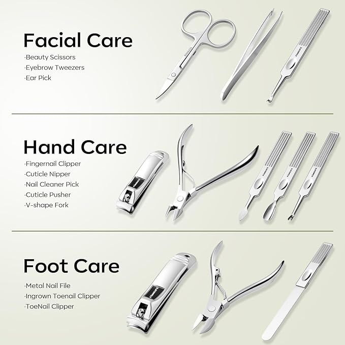 FAMILIFE Manicure Set, Professional Manicure Kit Nail Clippers Set 11 in 1 Stainless Steel Nail Pedicure Tools Kit Grooming Tool with Portable Green Leather Travel Case Luxury Gifts for Women and Men