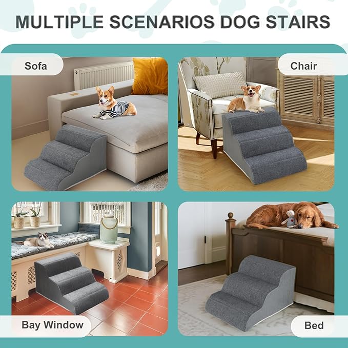 Docred 3-Step Dog Stairs for Small Dogs and Cats - Doggy Ramp, Non-Slip Sturdy Pet Steps for Beds, Couch, Sofa, Washable Dog Ramp with Removable Cover