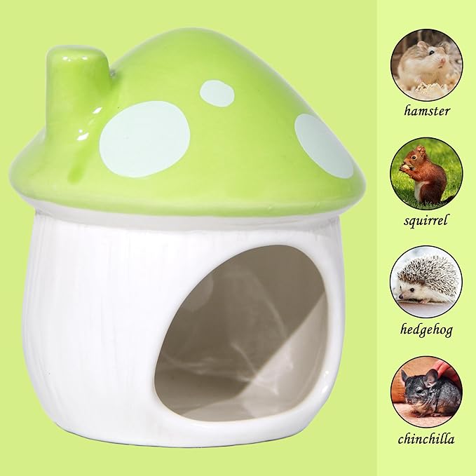 Ceramic Mushroom Hamster Hideout - Hamsters Habitat for Hamsters Chinchillas Hedgehogs and Gerbils Mouse Small Pet Guinea Pigs House Hamster Bed (Green)