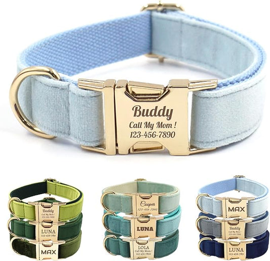 Velvet Personalized Dog Collar with Name - Customizable Dog Collar with Quick Release Metal Buckle - Leash and Bow Tie Available (Light Blue, L)