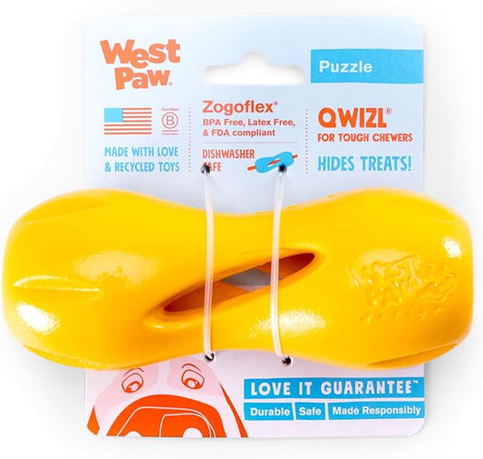 West Paw Qwizl Treat Dispensing Dog Toy for Tough Chewers- Durable Long Lasting Chew and Fetch Toy Keeps Dogs Engaged- Dishwasher Safe Safe Materials Made in USA - Sunflower Yellow, Small