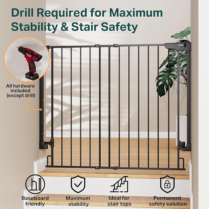 Cumbor 34" Extra Tall No Bottom Bar Baby Gate for Stairs, Wall Mounted Dog Gate Indoor for Larger Pets, Expandable 29.2-43" Safety Gate for Doorways, Wide Walk Thru Door for Easy Access (Black)