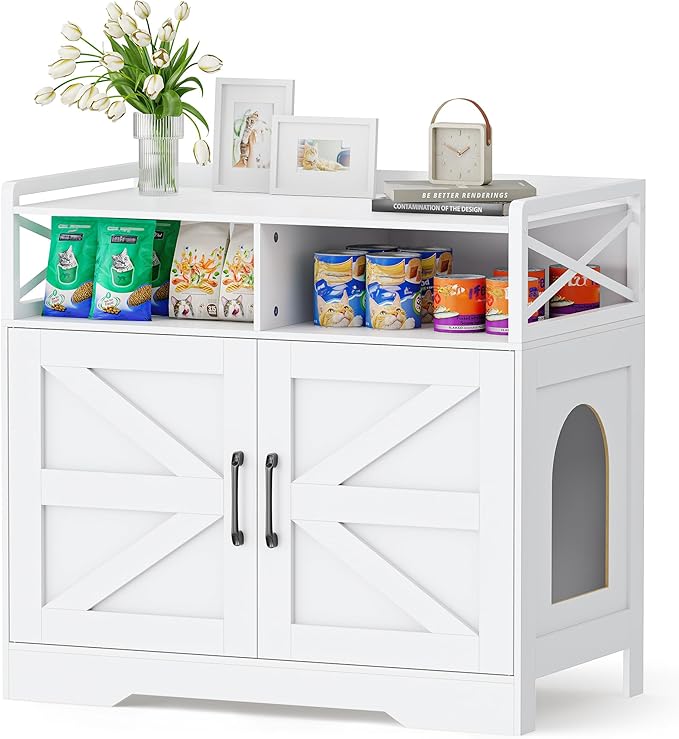 35" Ultra-Large Cat Litter Box Enclosure, Hidden Litter Box Cabinet with Anti-Tipping Fence and 2 Open Drawers, Enclosed Litter Box Furniture End Table, White