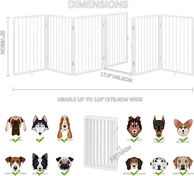 Vantas Folding No-Assembly Metal Pet Gate 120" Wide, 32" Extra Tall Dog Gate with Door Walk Through, Freestanding Accordion Puppy Gate Dog Door for Indoor & Outdoor, with 2PCS Support - White