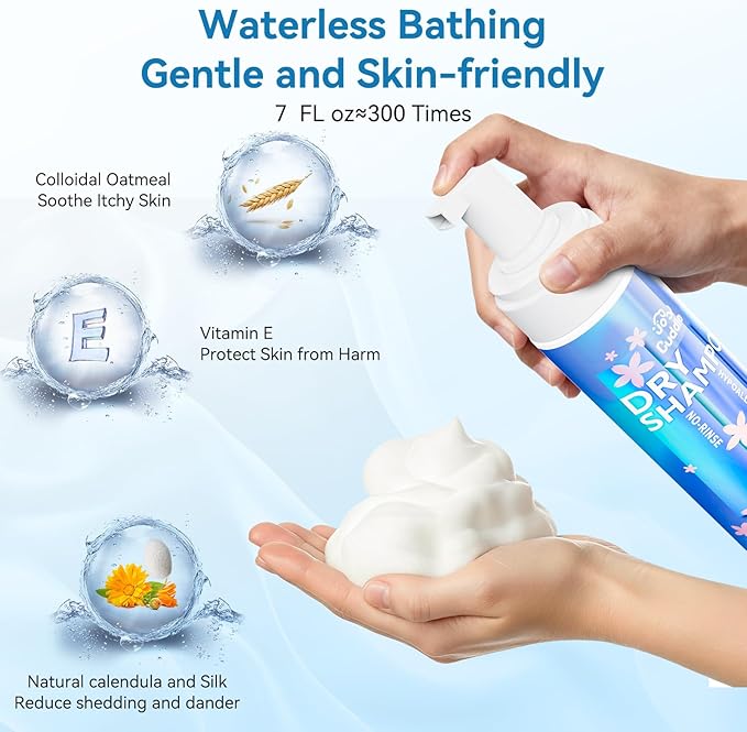 Waterless Cat Shampoo with Brush - No Rinse Safe Licking Foam, Reduce Shedding & Dander, Hypoallergenic for Kittens/Senior Cats, Quick Dry Grooming & Odor Control, Dry Shampoo pH Balanced (7 oz)