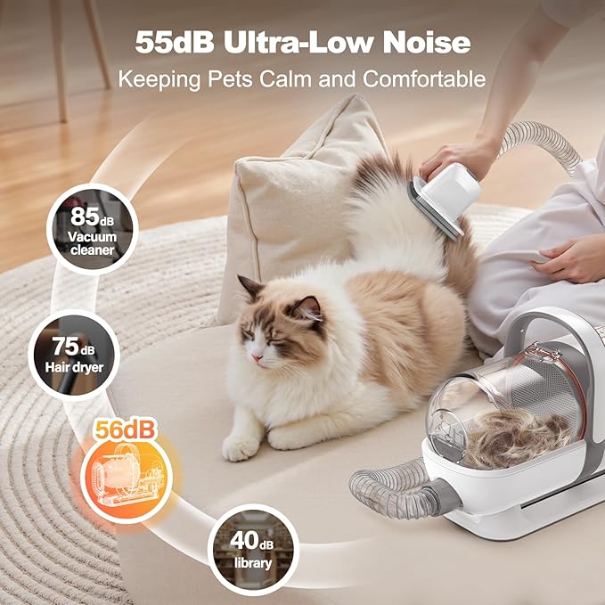 Afloia 6-in-1 Dog Grooming Kit, Pet Grooming Vacuum for Shedding, Dog Hair Vacuum with Clipper Nail Trimmer Grinder, Pet Brush Groomer at Home, Low Noise Cats Hair Remover, 1.5L Dust Cup, White