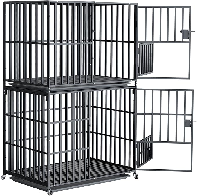 BingoPaw Heavy Duty Dog Crate: 38Inch Dog Kennel Stackable Made by Chew Resistant Square Meatl Tube - Two Tiers Dog Kennel Indoor Escape Proof with Wheel and Tray