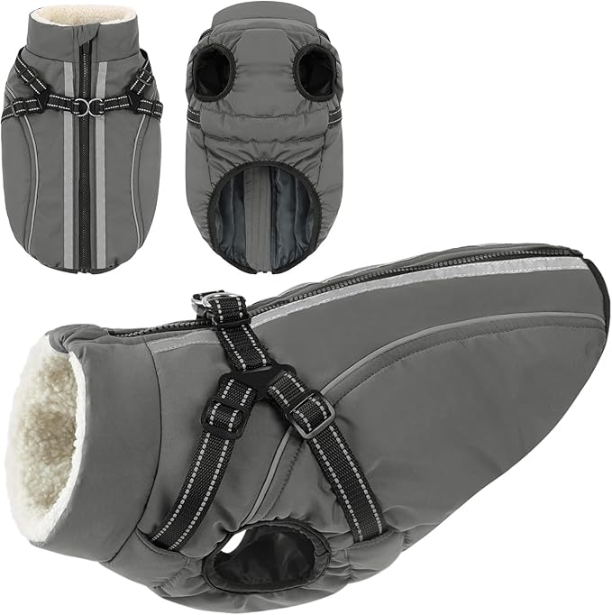 Dog Winter Coat with Harness Built in Warm Puffer Dog Jackets for Small Medium Large Dogs Windproof Waterproof Outfit with Plush Lining and Reflective Stripes (Grey, XS)