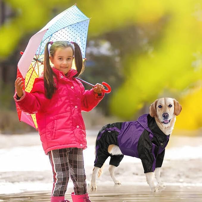 Dog Raincoat, Lightweight Rain Jacket, Adjustable 4-Legs Pet Poncho with Hood, Snow-Proof Dog Vest Rainwear, Rain Clothes Apparel with Leash Hole