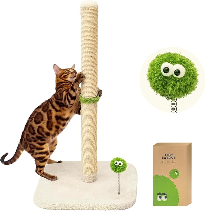 TINYBEAST 34" Tall Cat Scratching Post, Cat Scratcher Featuring Natural Sisal Rope, Cat Tree with Interactive Plush Toy Ball and Stable Base for Indoor Large Adult Cats & Kittens