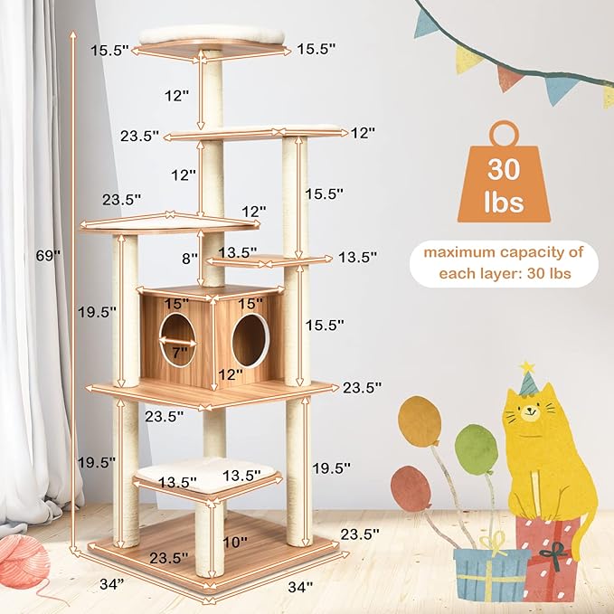 PETSITE 69 Inches Tall Cat Tree, Modern Wooden Cat Tower with Sisal Scratching Posts, Double-Entry Cat Condo, Multiple Jumping Platforms with Removable Soft Pads, Ideal for Indoor Cats Large Adult