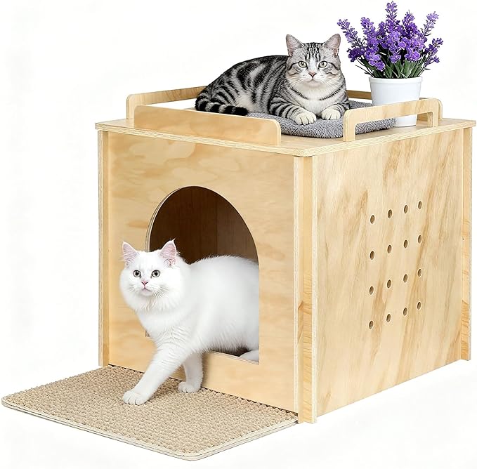 Wooden Cat Litter Box Enclosure, Hidden Litter Box Furniture with Litter Mat, Multi-Functional Cat House, for Living Room Bedroom Indoor, 23.2 x 17.7 x 19.3 inches, Natural