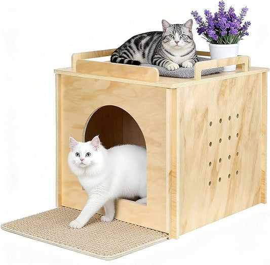 Wooden Cat Litter Box Enclosure, Hidden Litter Box Furniture with Litter Mat, Multi-Functional Cat House, for Living Room Bedroom Indoor, 23.2 x 17.7 x 19.3 inches, Natural
