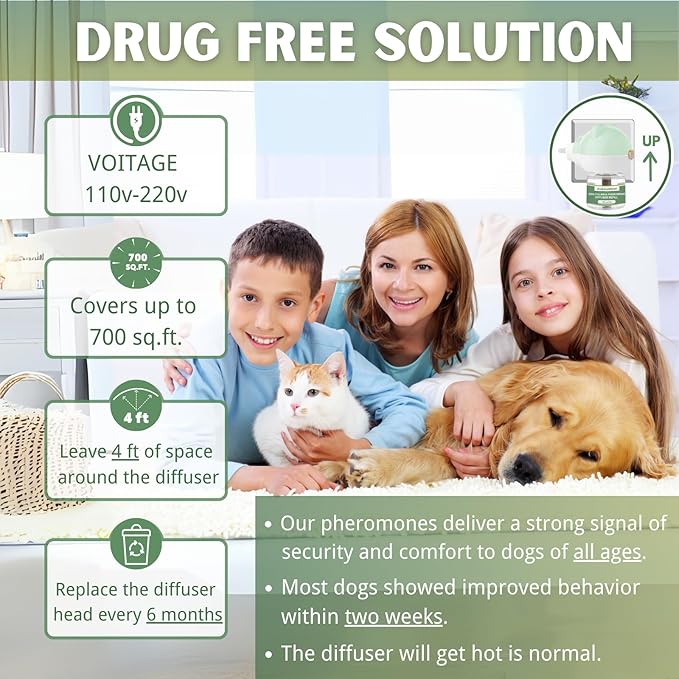 Calming Diffuser for Dog, Pheromone Plug-in Set (2 Diffusers & 6 Refill 48ml) for Dog Anxiety Relief, Reduces Barking, Aggression, Destructive Behavior, Fireworks Fear, 180-Day Dogs Calming Diffuser