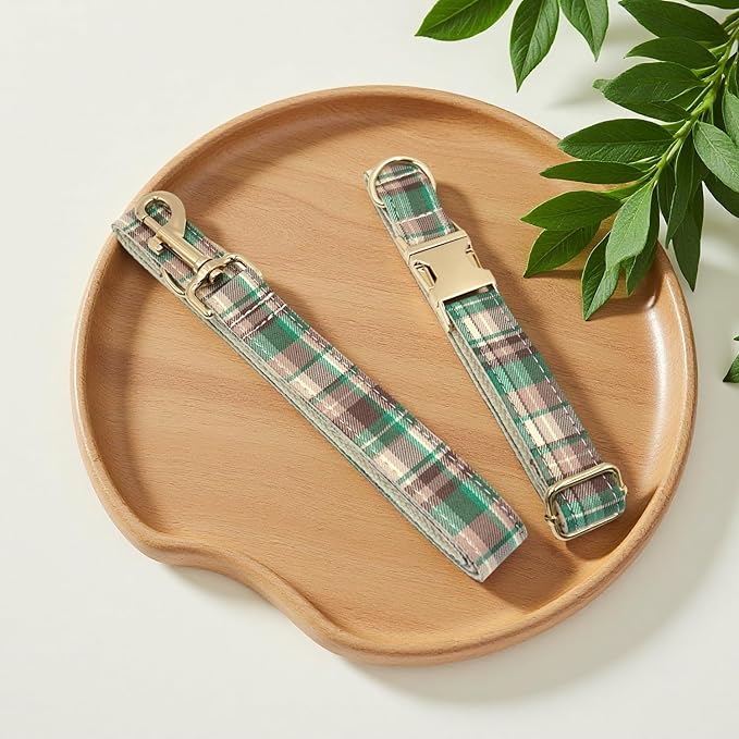PETDURO Personalized Dog Collar Brown Green Plaid for Large Medium Dogs | Engraved Name and Phone Number on Gold Metal Buckle for Boys & Girls | Add Leash & Bow Tie via Customize Now