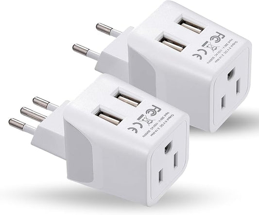 Ceptics Italy, Europe Travel Adapter Plug Set - 2 Pack - with 2 USB + USA Socket Input - Type L and Type C - Ultra Compact - Safe Grounded Perfect for Cell Phones, Laptops, Camera Chargers