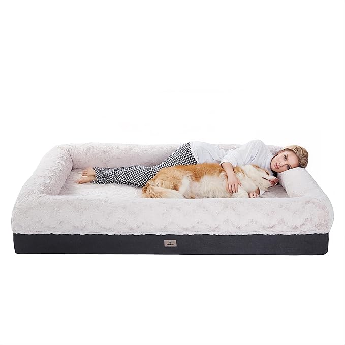 Giant Memory Foam Human Dog Bed for Adults People Fits Pet Families Extra Large Orthopedic Dog Beds with Sides, Washable Bolster Pet Bed Couch with Removable Cover, 70x50x13 Inch, Beige