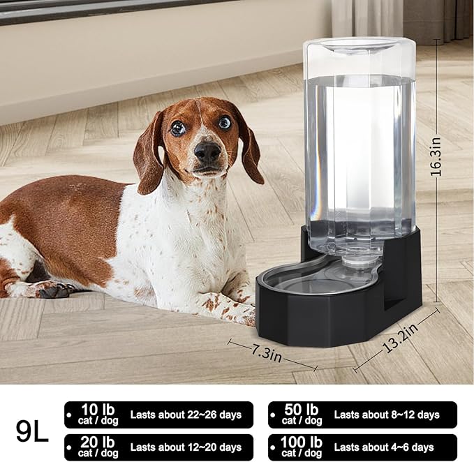 Sfozstra Large Dog Water Dispenser: 9L Automatic Black Water Feeder with Specialized Brush - Gravity Design for Multiple Pets in Garage Garden - Good for Spinal Health