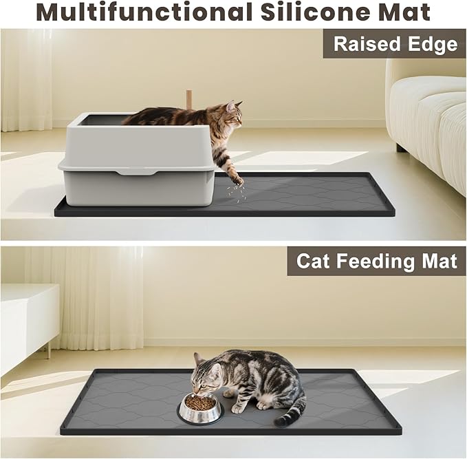 Cat Mat for Litter Box, 34" X 22" Large Silicone Cat Litter Trapping Mat, Easy Clean for Scatter Control, Soft on Kitty Paws, Waterproof, Urine-Proof, Non-Slip Kitty Litter Mat for Floor, Black