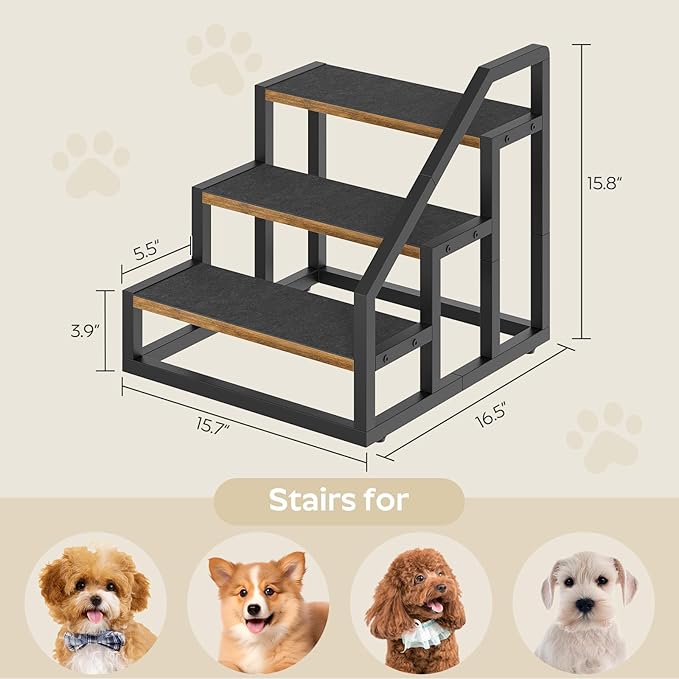 Dog Stairs for Small Dogs, 3-Steps Dog Steps for High Beds and Couch, 20.5”H Pet Steps with Non-Slip, Rustic Brown and Black LT11BR