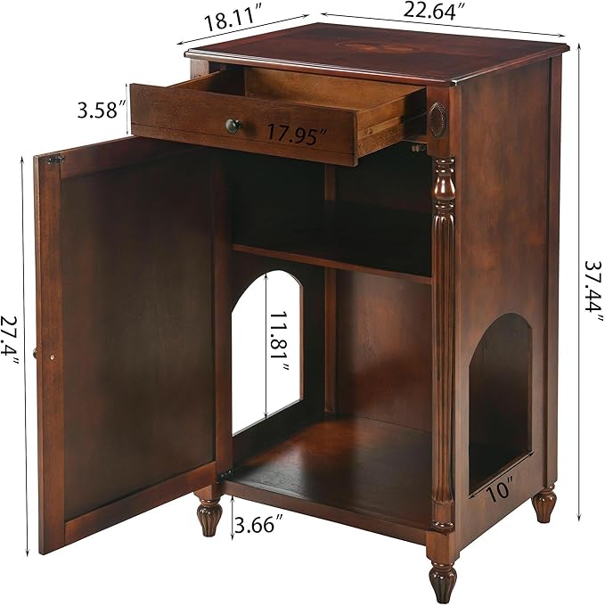 2-Set Solid Wood Cat Litter Box Enclosure, Hidden Litter Box Furniture, Wooden Pet House Storage Cabinet, Wooden Floor Cabinet for Hallway, Entryway or Living Room Home Decor, Cherry Walnut
