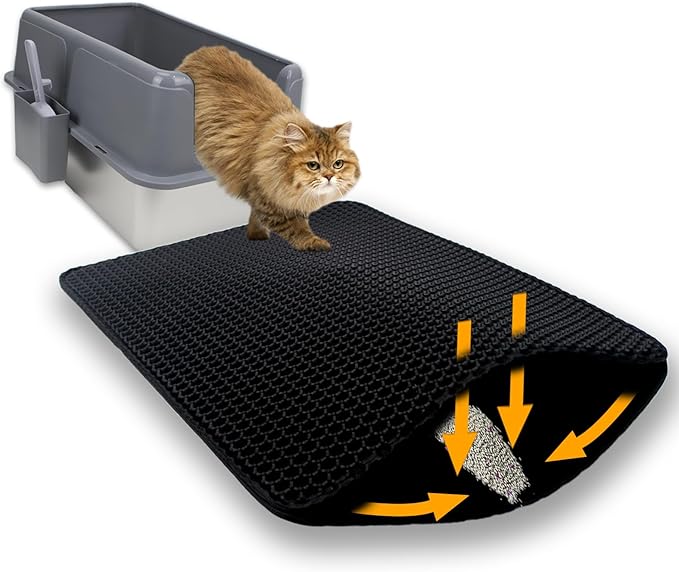 Cat Litter Box Mat Double Layer Trapping Mat Easy-Clean Waterproof Urine Proof(Black 30x22in)